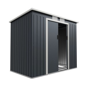 Anthrazitfarbener Juskys Metall Geräteschuppen M mit Pultdach und Schiebetür.