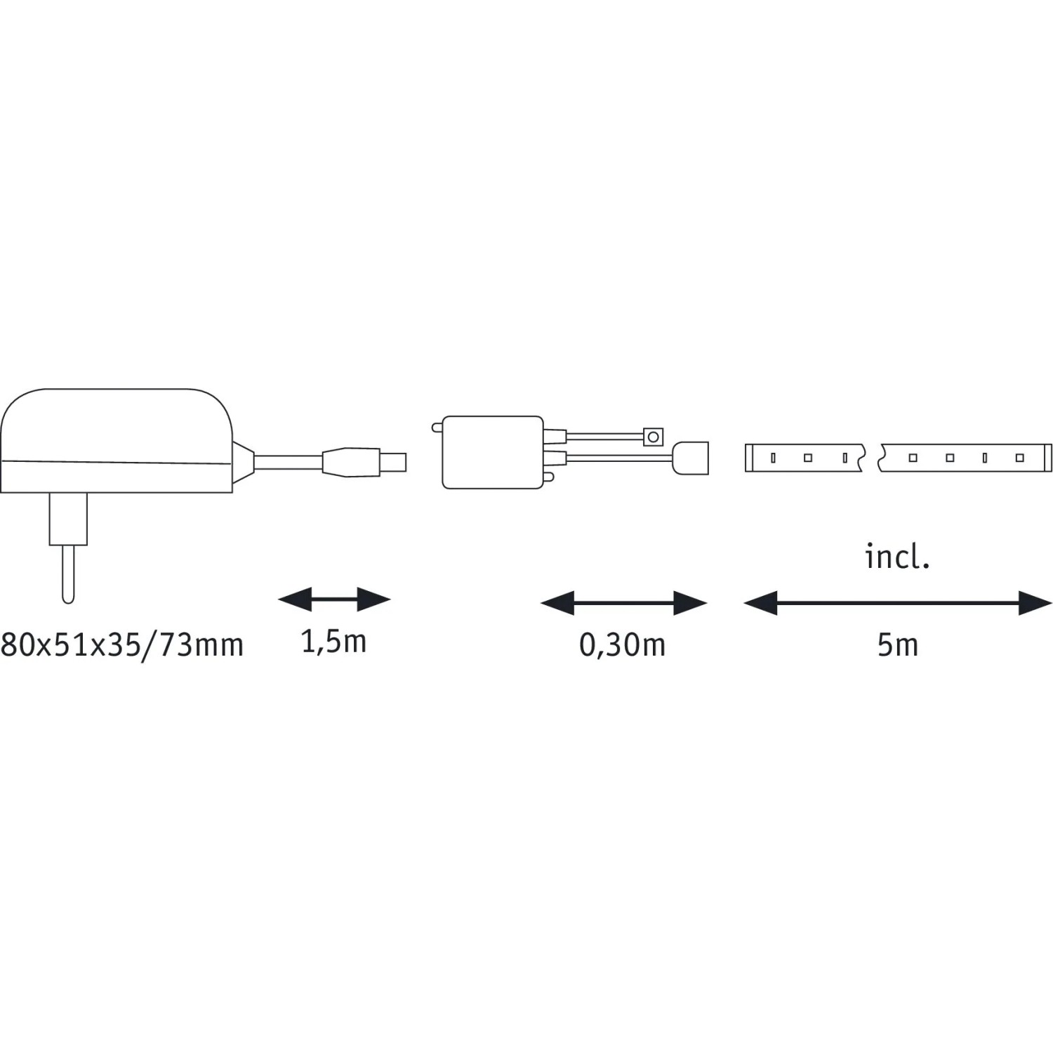 Paulmann FlexLED 3D Basis-Set: Schema mit LED-Streifen, Netzteil und RGB-Controller mit Maßangaben.