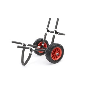 Klappbarer Aluminium Transportwagen mit schwarzen PU-Rädern und roter Nabe für SUP, Kajak oder Surfbrett.