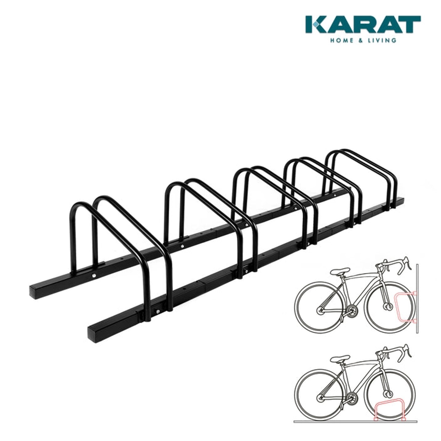 Schwarzer KARAT Fahrradständer Linus für 5 Fahrräder, zur Boden- oder Wandmontage.
