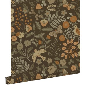 ESTAhome Tapete Blumen und Vögel Graugrün Braun und Ockergelb 50 x 900 cm