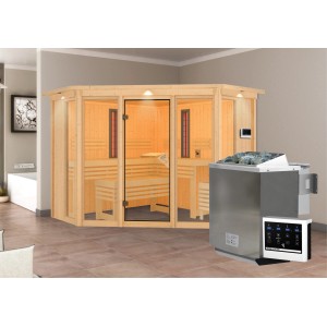 Karibu Infrarotkabine Anik mit Bio-Ofen und Infrarotstrahler, Naturholz mit Glastür.