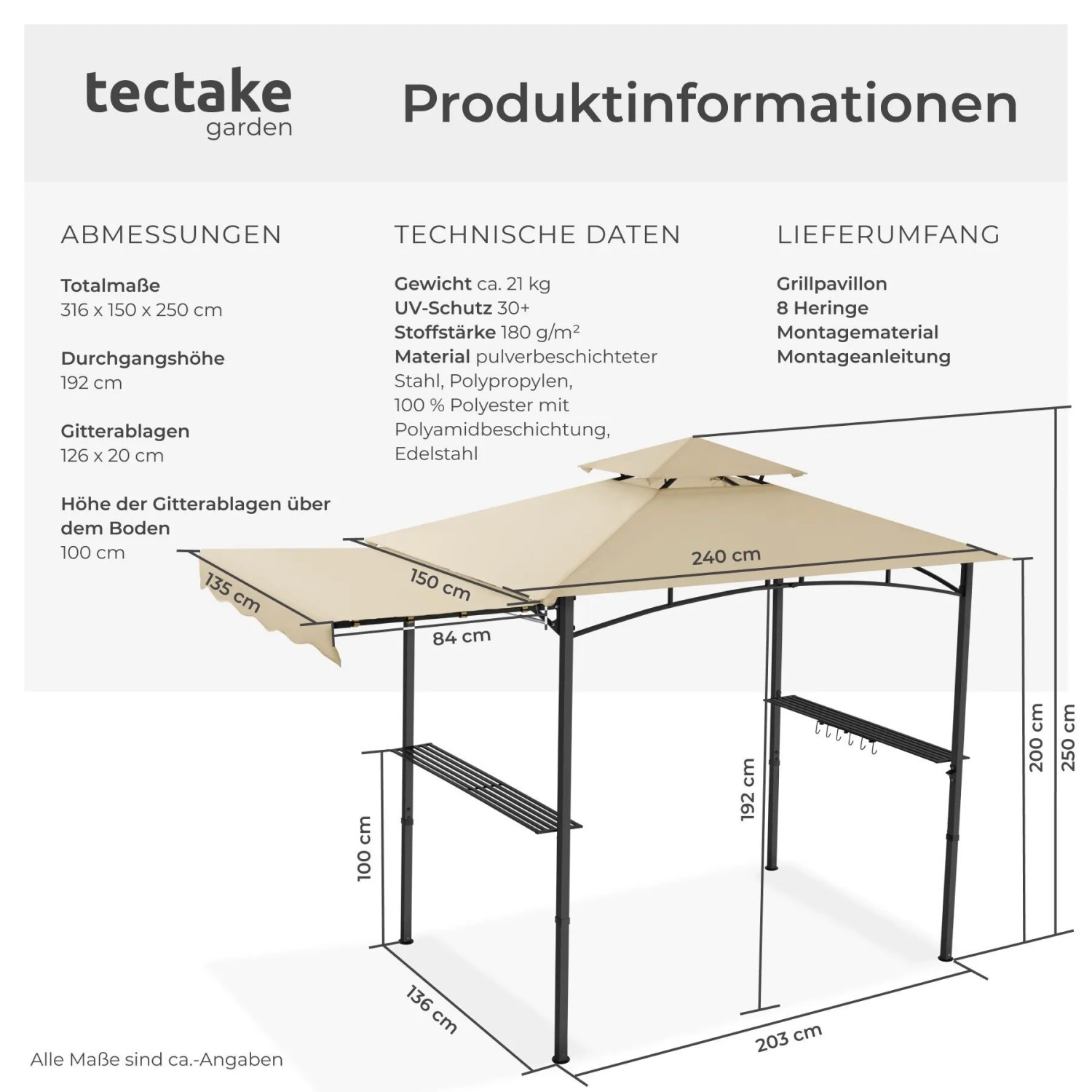 Abbildung des Tectake Grillpavillon Maracaibo mit Maßen und Details zu Material und Lieferumfang.