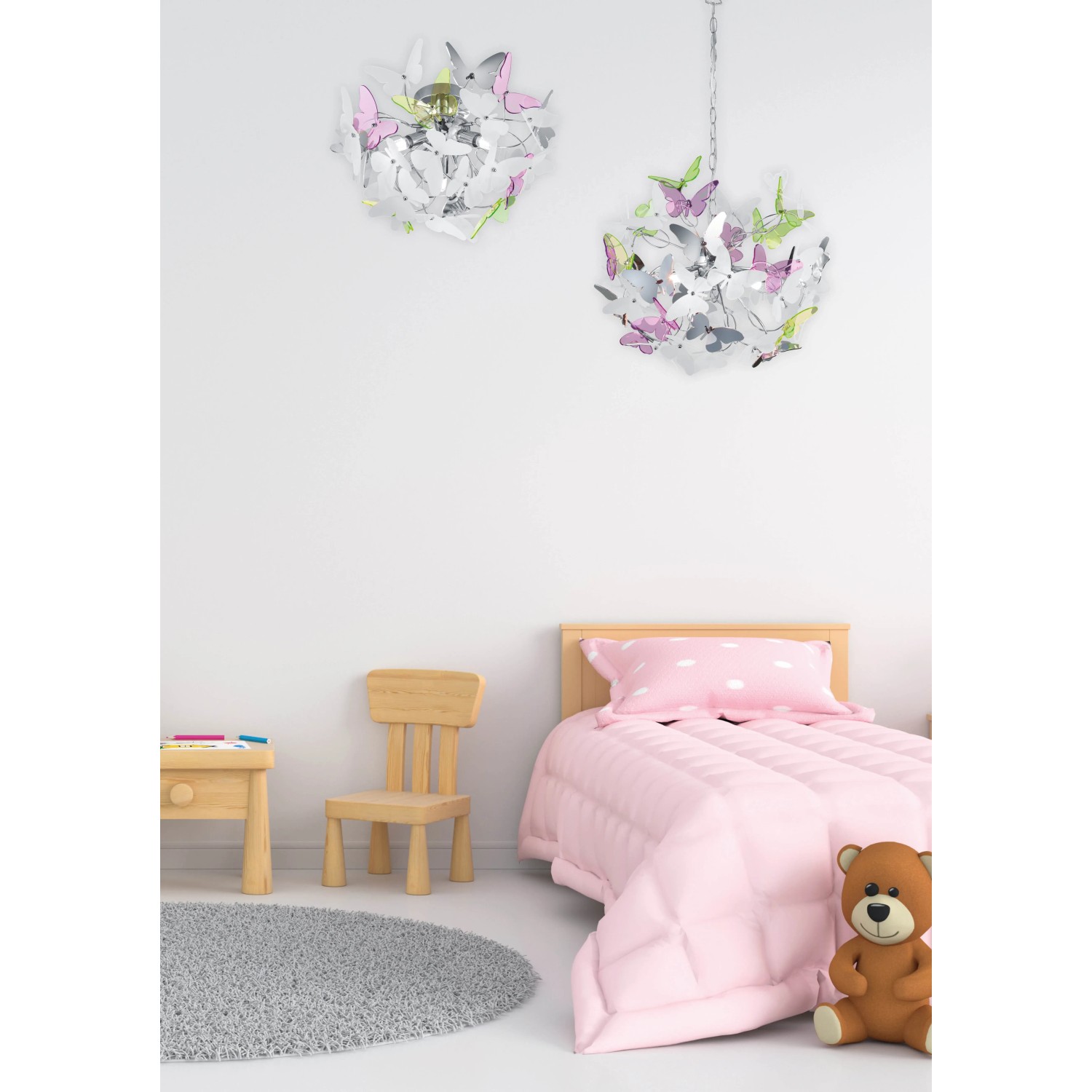 Moderne Reality Pendelleuchte Butterfly Chrom mit bunten Schmetterlingen, 50x50x150cm.