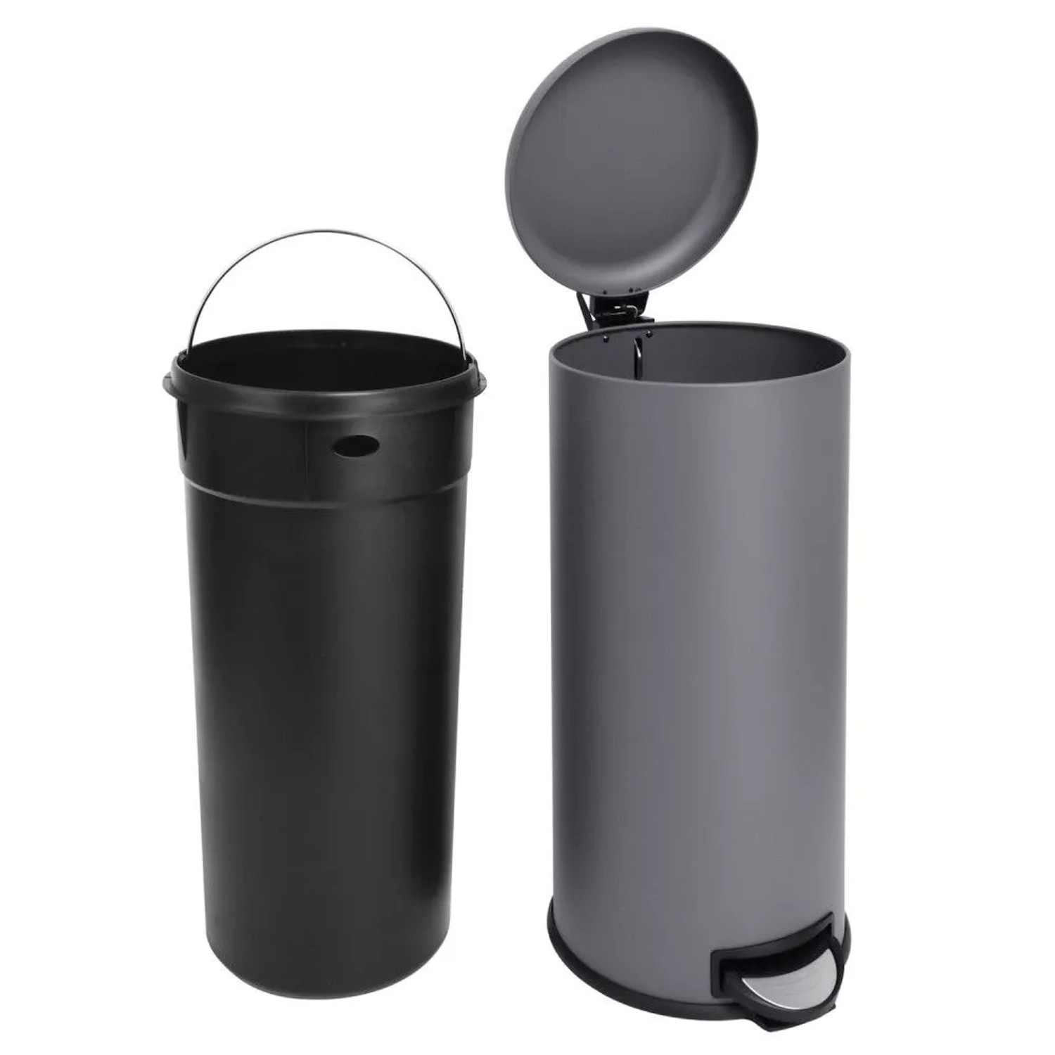 Grauer Svita T30 Treteimer 30L mit offenem Deckel und separatem schwarzem Kunststoff-Inneneimer.
