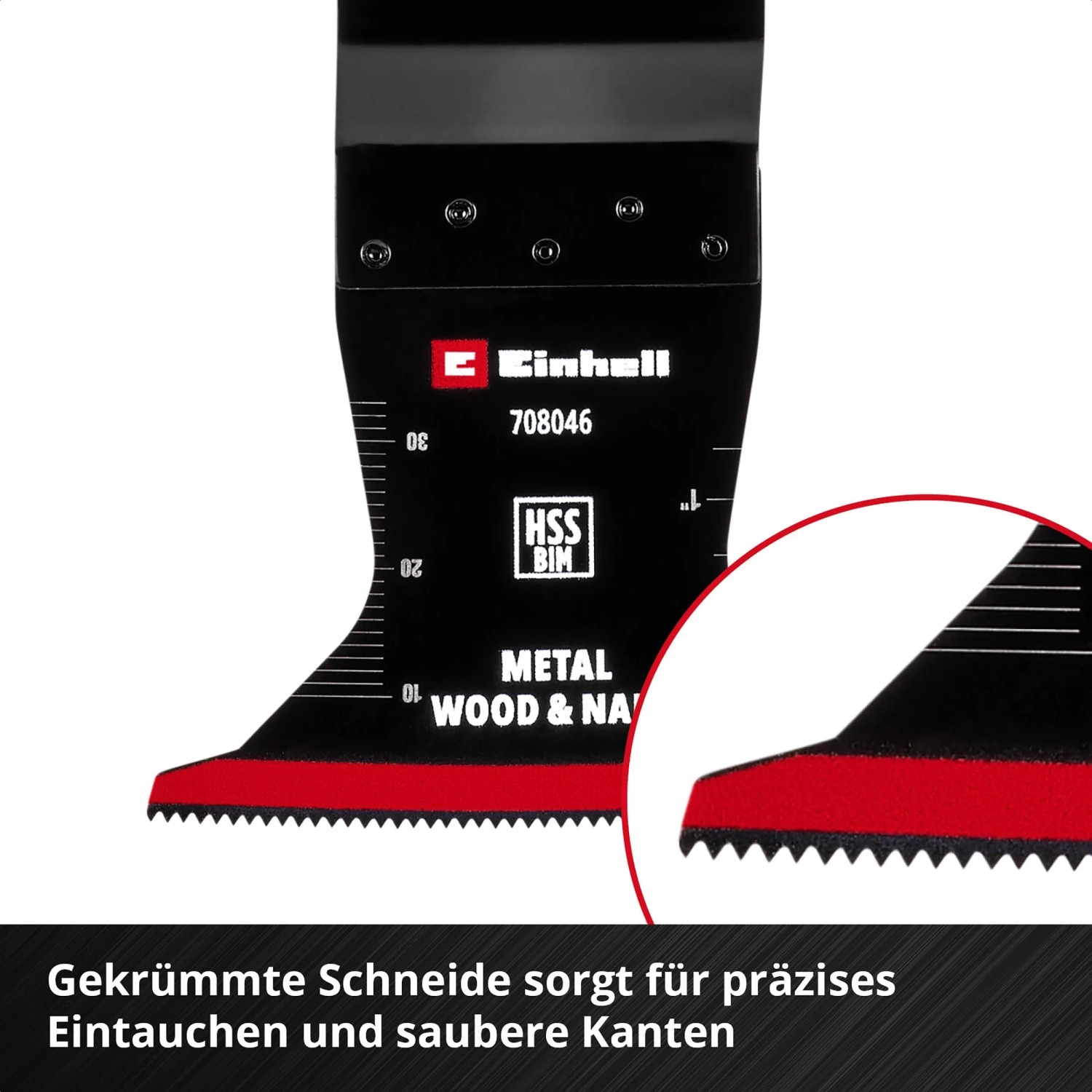 Einhell HSS BiM Tauchsägeblatt 65mm mit roter, gekrümmter Schneide und Skala. Ideal für präzise Schnitte in Holz und Metall.