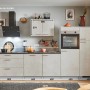 pino Küchenzeile 320 cm in Beton Weißgrau mit Geräten und Spüle, Anschlag rechts.