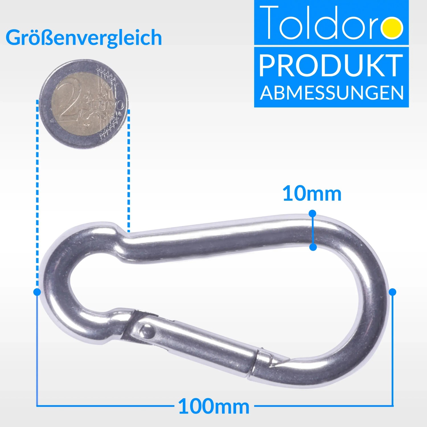 Toldoro Karabinerhaken 100mm aus Edelstahl V4A, rostfrei, mit Größenangabe.