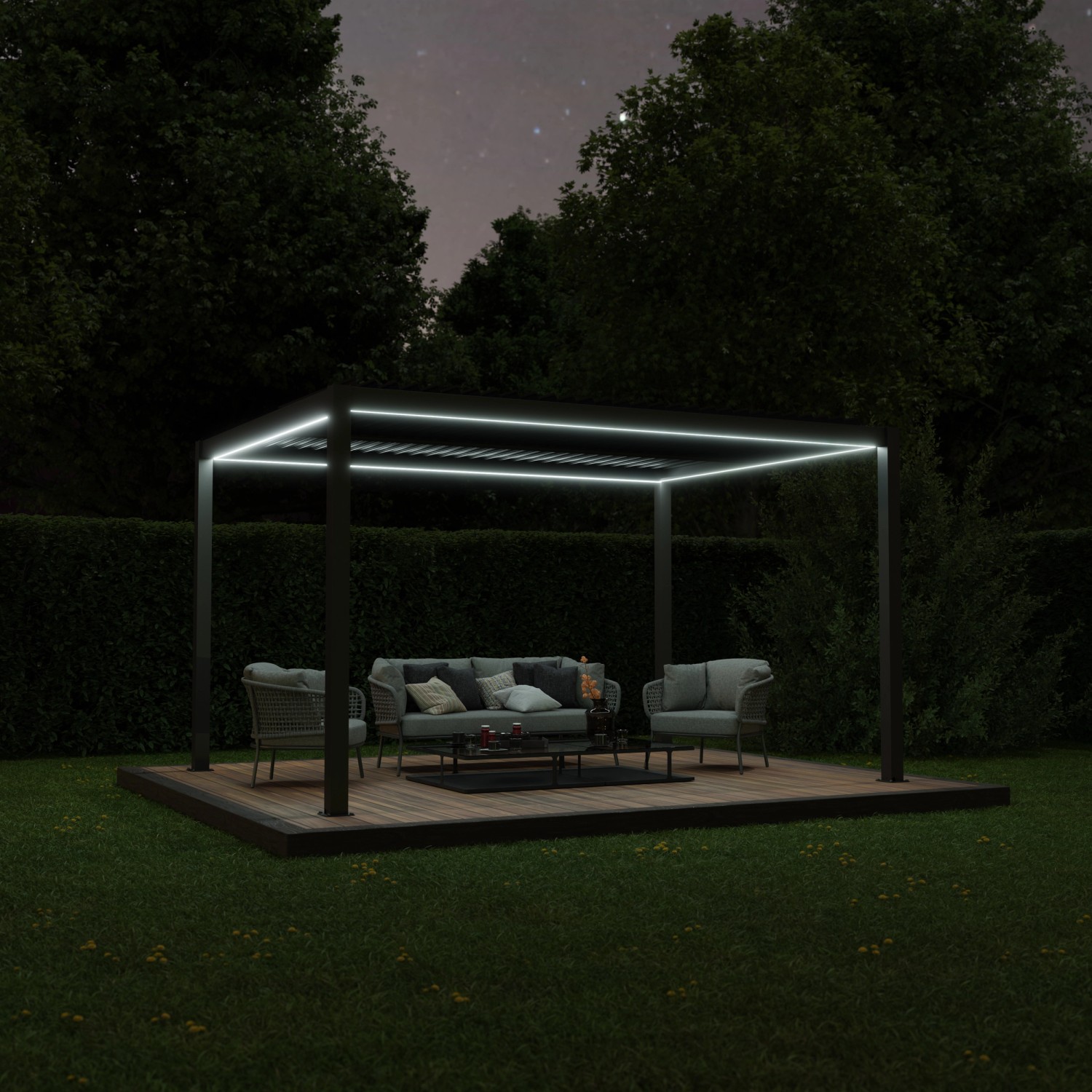 Dunkelgraue Ximax Pergola Shade mit Beleuchtung (300x400 cm) auf Holzterrasse mit Gartenmöbeln.