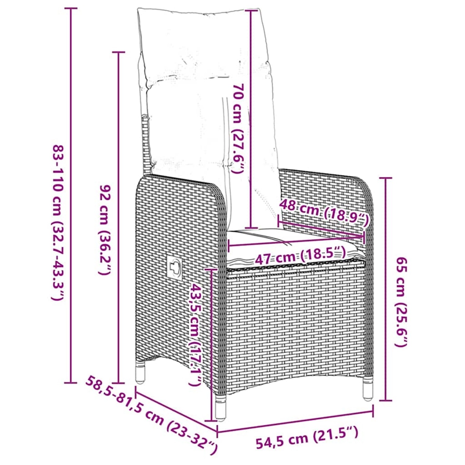 Abbildung der vidaXL Garten Essgruppe, 5-teilig, schwarz, Poly Rattan, mit Maßangaben.
