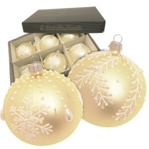 6er-Set goldene Krebs Glas Lauscha Weihnachtskugeln (8cm) mit Schneeflocken-Dekor.