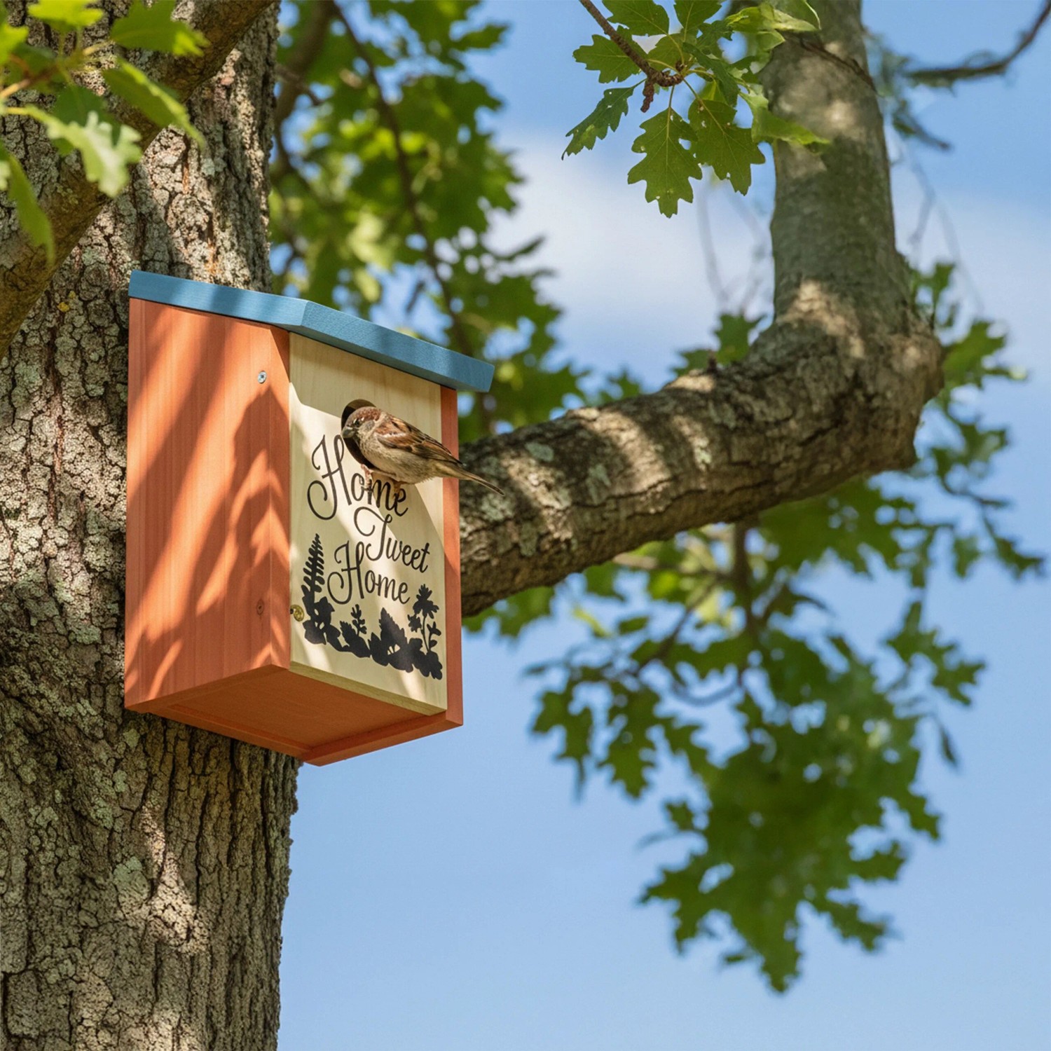 Oranger Nistkasten aus Holz mit blauem Dach und 'Home Sweet Home' Aufschrift am Baum. Ein Spatz sitzt am Einflugloch.