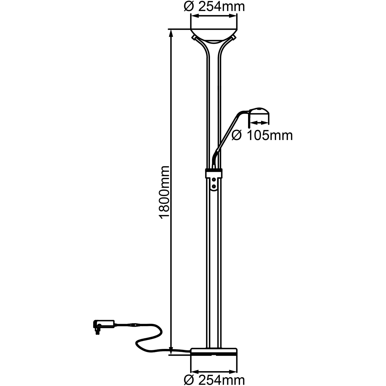 Skizze des Brilliant Deckenfluter Nebraska mit Lesearm, Maße: 180cm hoch, Lampenschirm Ø 254mm, Leselampe Ø 105mm.