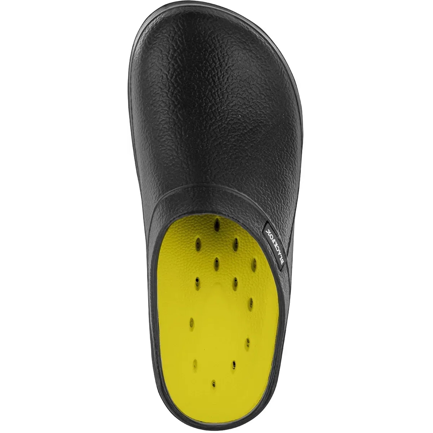Blackfox Clog Evasion Onyx Gr. 42, Gartenschuh mit gelber Innensohle.