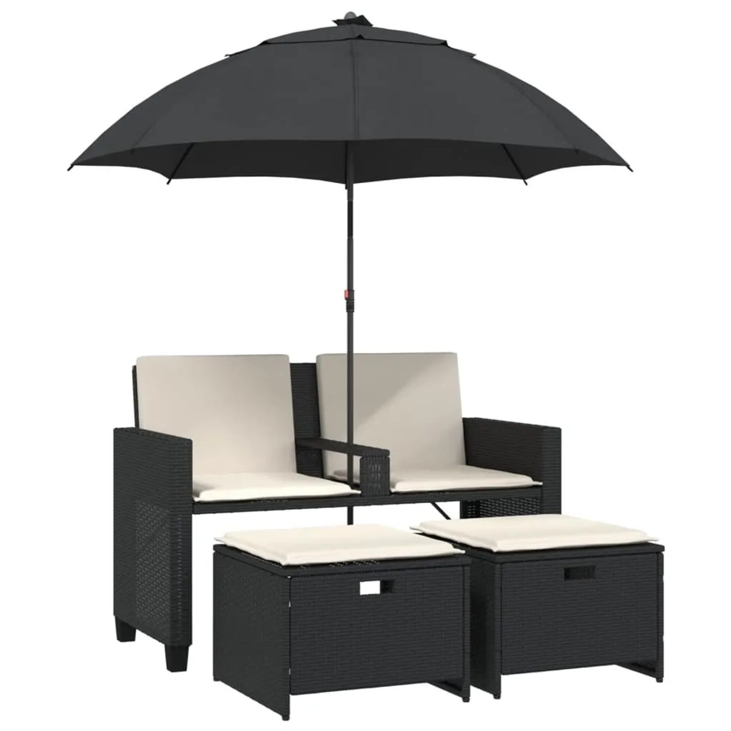 vidaXL Gartensofa 2-Sitzer Sonnenschirm und Hocker Schwarz Poly-Rattan 3658 günstig online kaufen