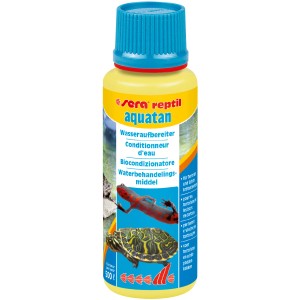 Sera Reptil Aquatan Wasseraufbereiter für Terrarien, 100ml Flasche mit blauem Deckel.