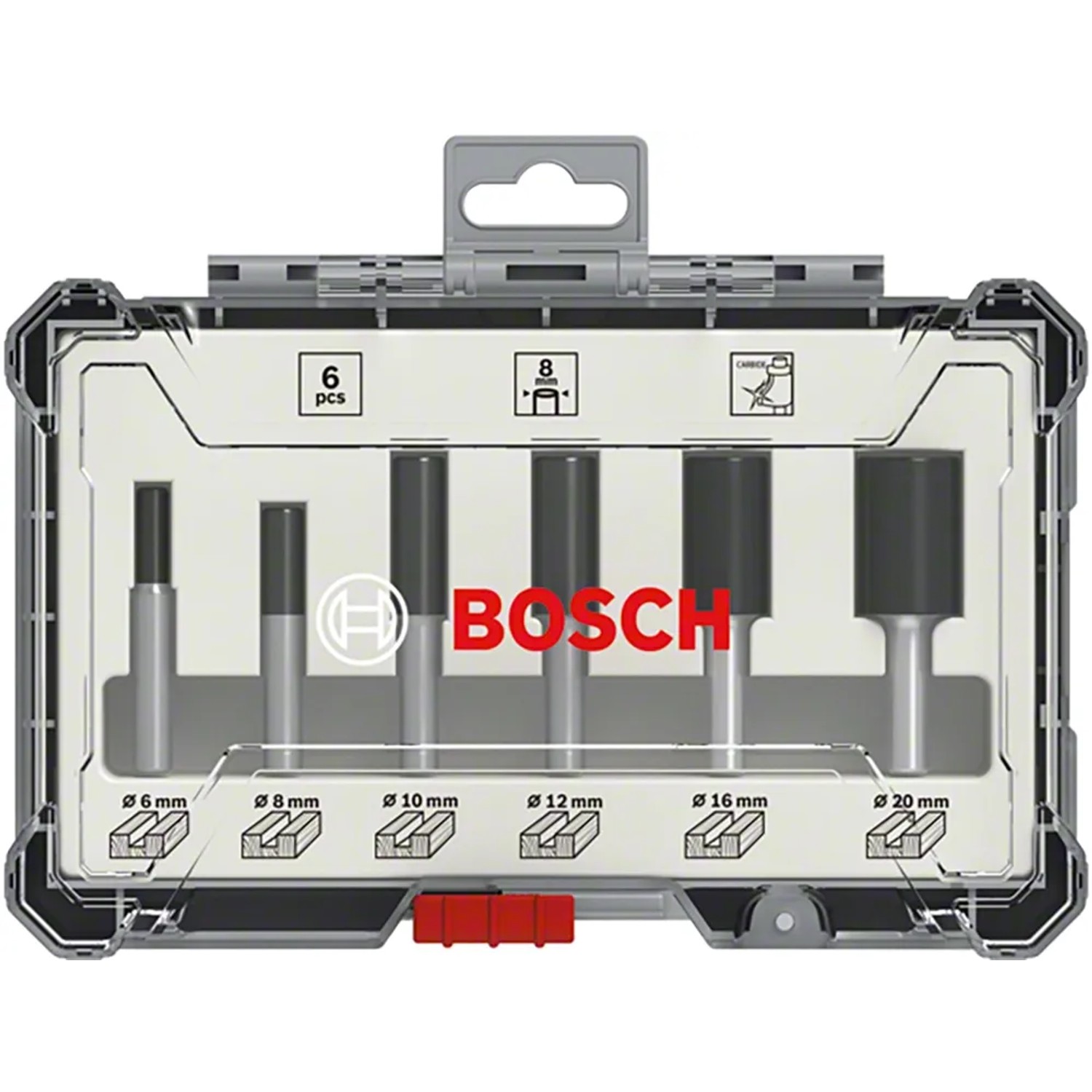 Bosch Nutfräser Set, 6-teilig, 8 mm Schaft, in transparenter Aufbewahrungsbox.