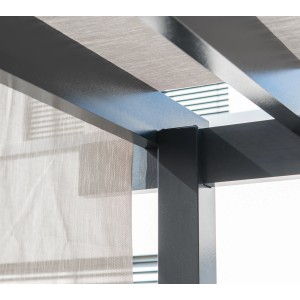 Detailansicht der anthrazitfarbenen Sojag Aluminium Pergola Yamba mit Stoffdach.