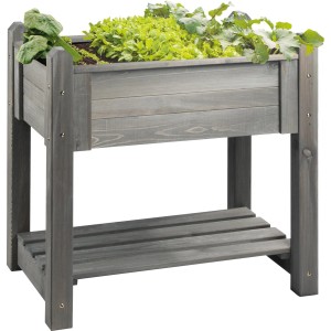 Graues Wilk Kräuter-Hochbeet Basic aus Holz mit Ablage und Bepflanzung.