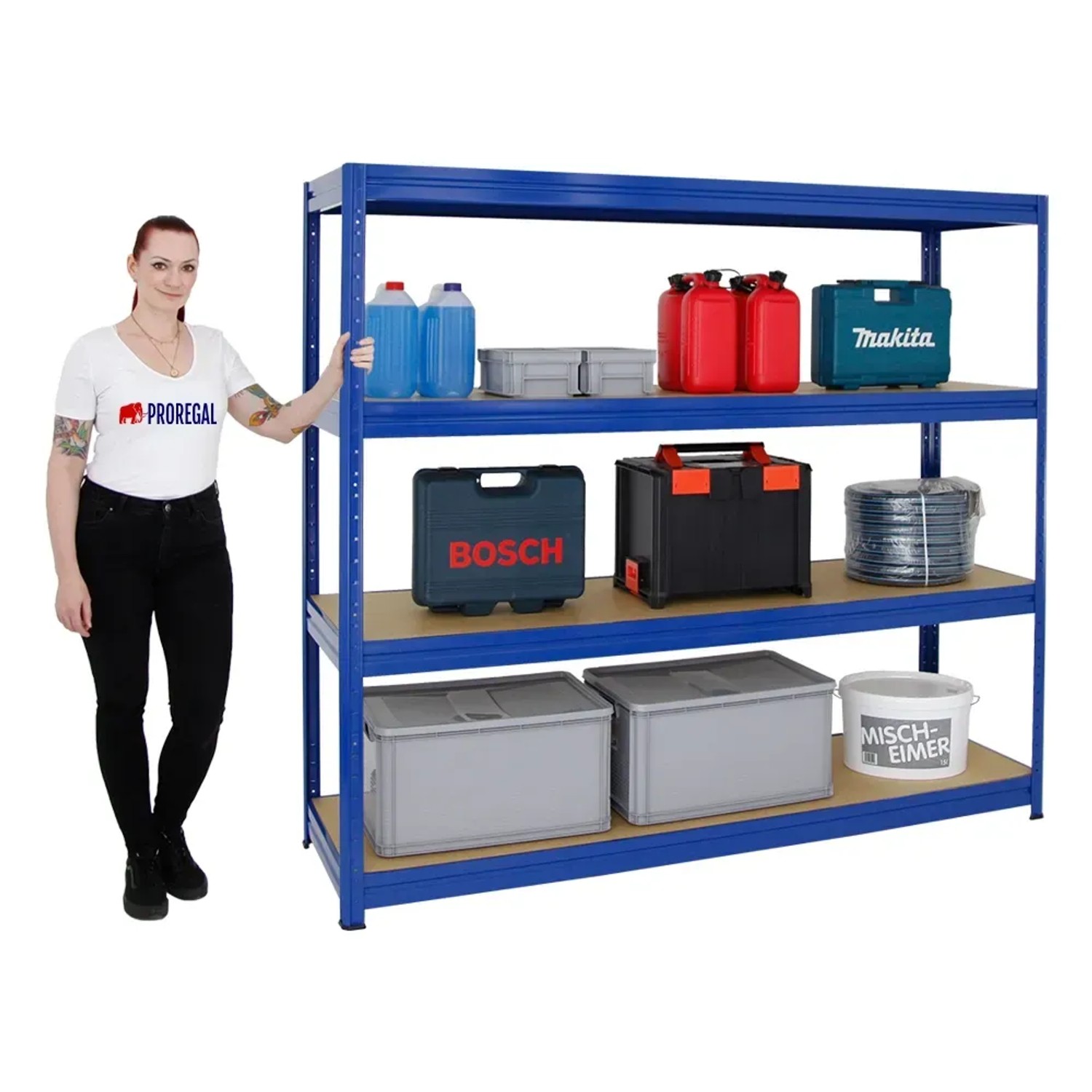 Blaues PROREGAL Schwerlastregal Dino 180x200x60 cm mit Werkzeugkisten und Behältern.