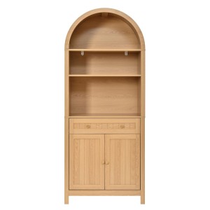 Heller Merax Hochschrank mit Bogenfront, offenen Fächern, Schublade und Doppeltüren. Vielseitiger Wohnzimmerschrank.