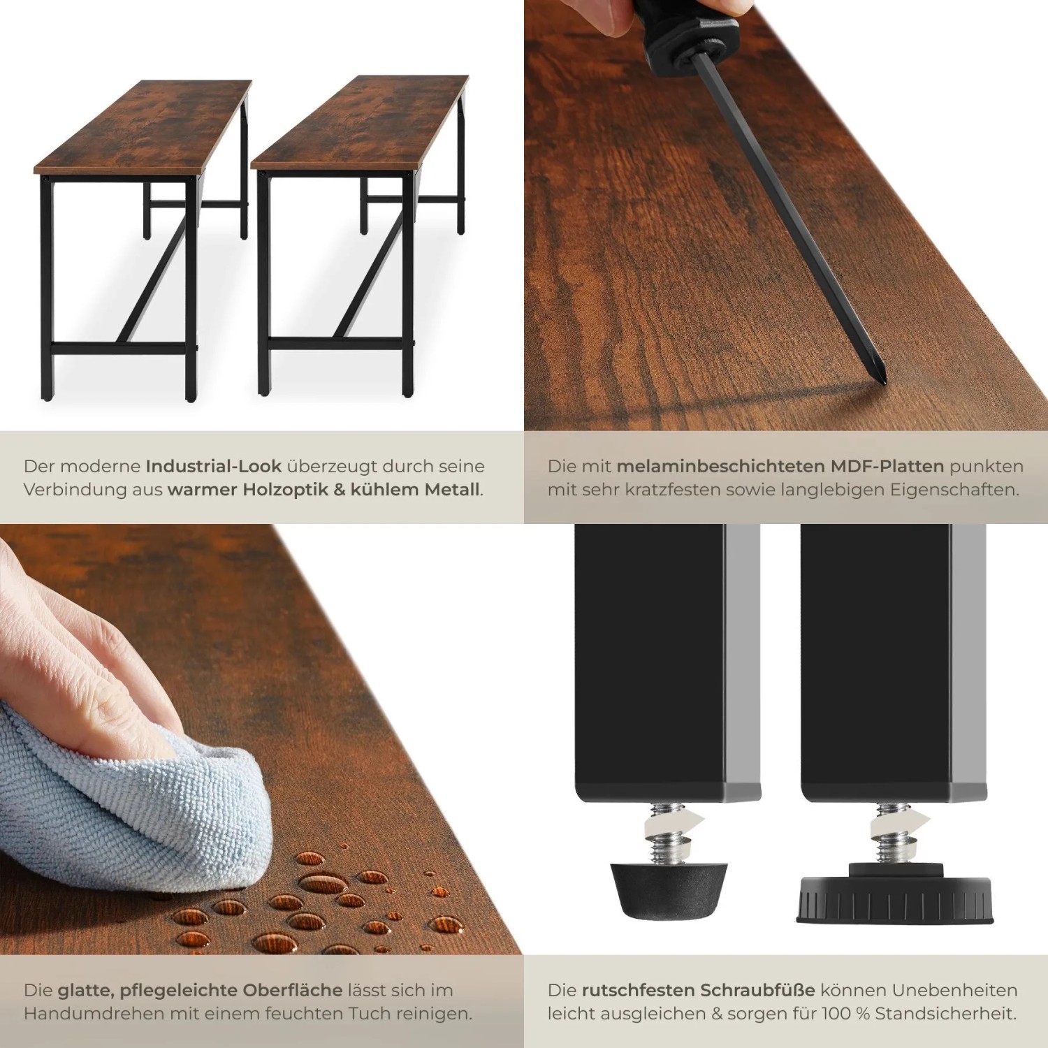 Tectake Sitzgruppe Bolton 3 Teilig Esstisch Mit 2 Sitzbänken  100 x 130 x 75 cm Industrial Holz Dunkel  Rustikal_5