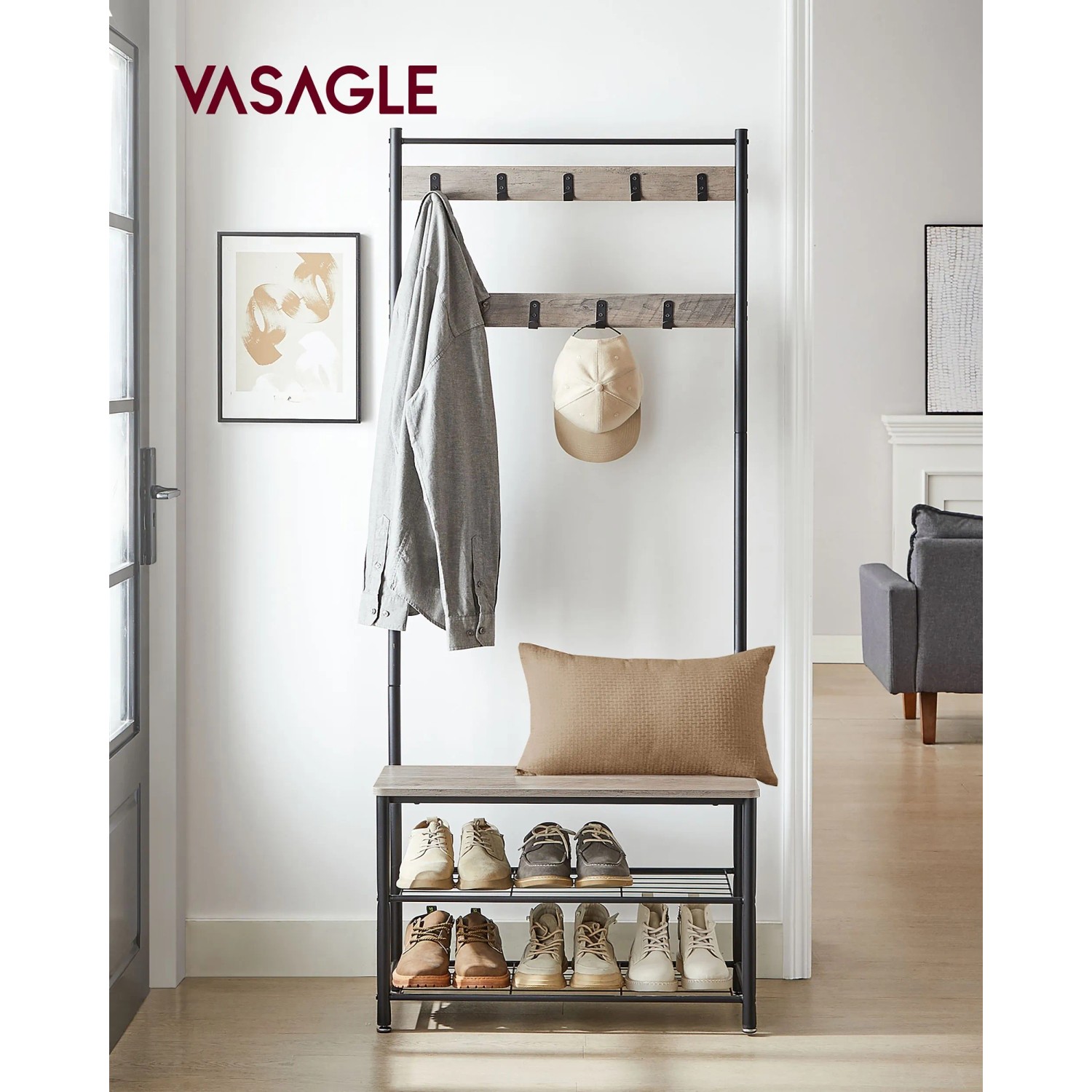 Songmics Garderobenständer Dacey mit Schuhbank, Haken, Greige-Schwarz. Garderobe mit Sitzbank und Ablagen.