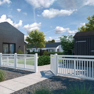 Weißer Vorgartenzaun Linea aus Nadelholz, 150x80 cm, vor Haus mit Gartenweg.