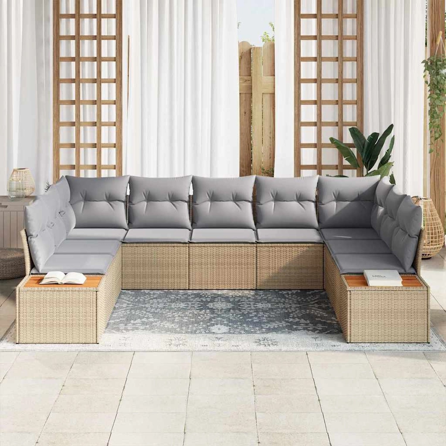 vidaXL 9-Teiliges Garten-Sofa-Set mit Kissen in Beige Poly Rattan Akazienho günstig online kaufen