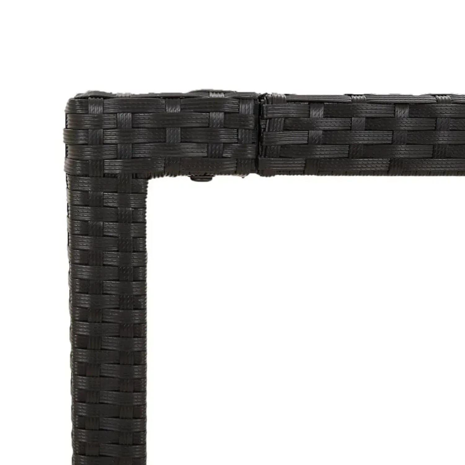 Detailansicht: Schwarzes Poly Rattan der vidaXL Garten-Essgruppe, Ecke des Tisches.