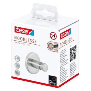 Tesa Nooblesse Handtuchhaken in Edelstahloptik, verpackt.