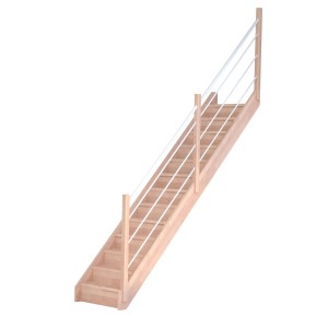 Gerade Buchenholztreppe Mykonos mit Edelstahl-Geländer (rechts), Setzstufen und FSC®-Zertifizierung.