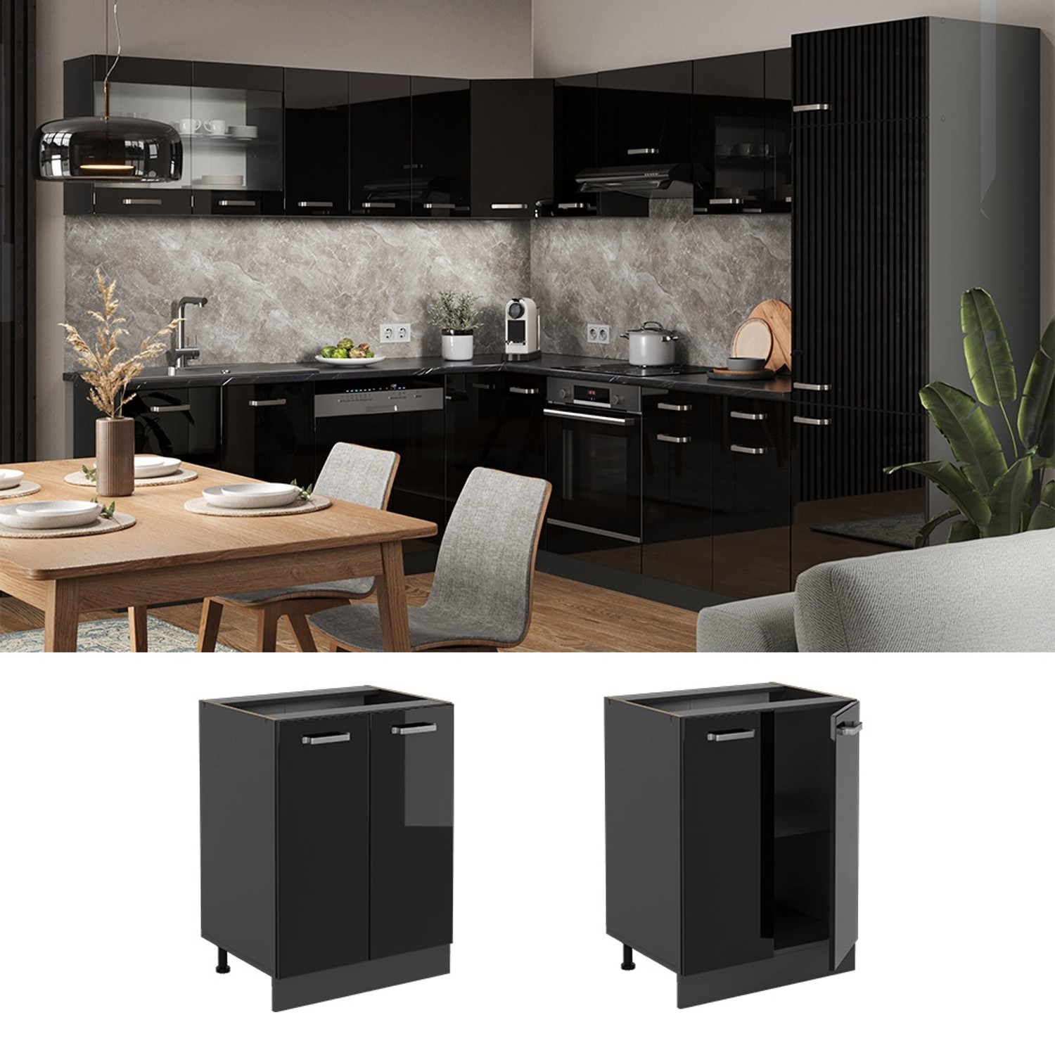 Vicco Küchenunterschrank R-Line, schwarz hochglanz/anthrazit, 60 cm, mit AP Eiche Dekor. Küchenschrank mit zwei Türen.