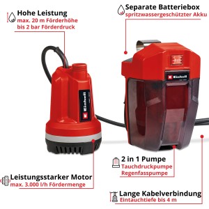 Einhell Akku-Klarwasserpumpe GE-PP 18 RB Li Solo: Tauchpumpe mit separater Batteriebox für flexible Gartenbewässerung.