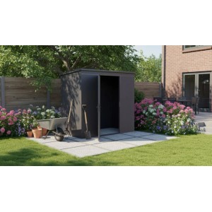 Modernes, anthrazitfarbenes Weka Metall-Gerätehaus Gary mit geöffneter Tür im Garten.