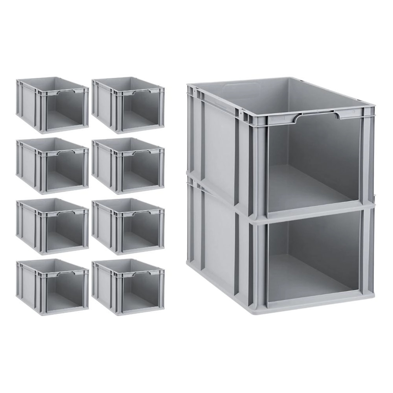 Sparset: 10 graue Euroboxen NextGen Store, 65 Liter, mit offener Front. Ideal zur Aufbewahrung.