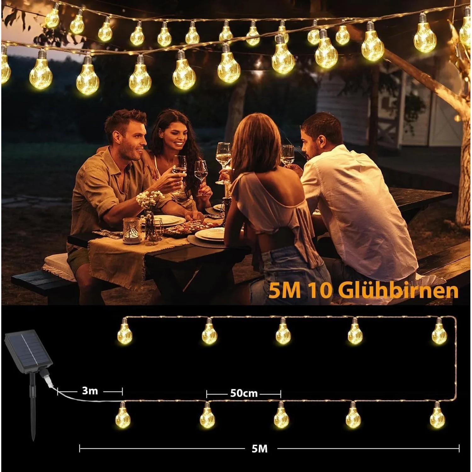 Salcar 5M LED Solar-Lichterkette Hanfseil mit 10 warmweißen Glühbirnen für Außenbereich. Mit Solarpanel.