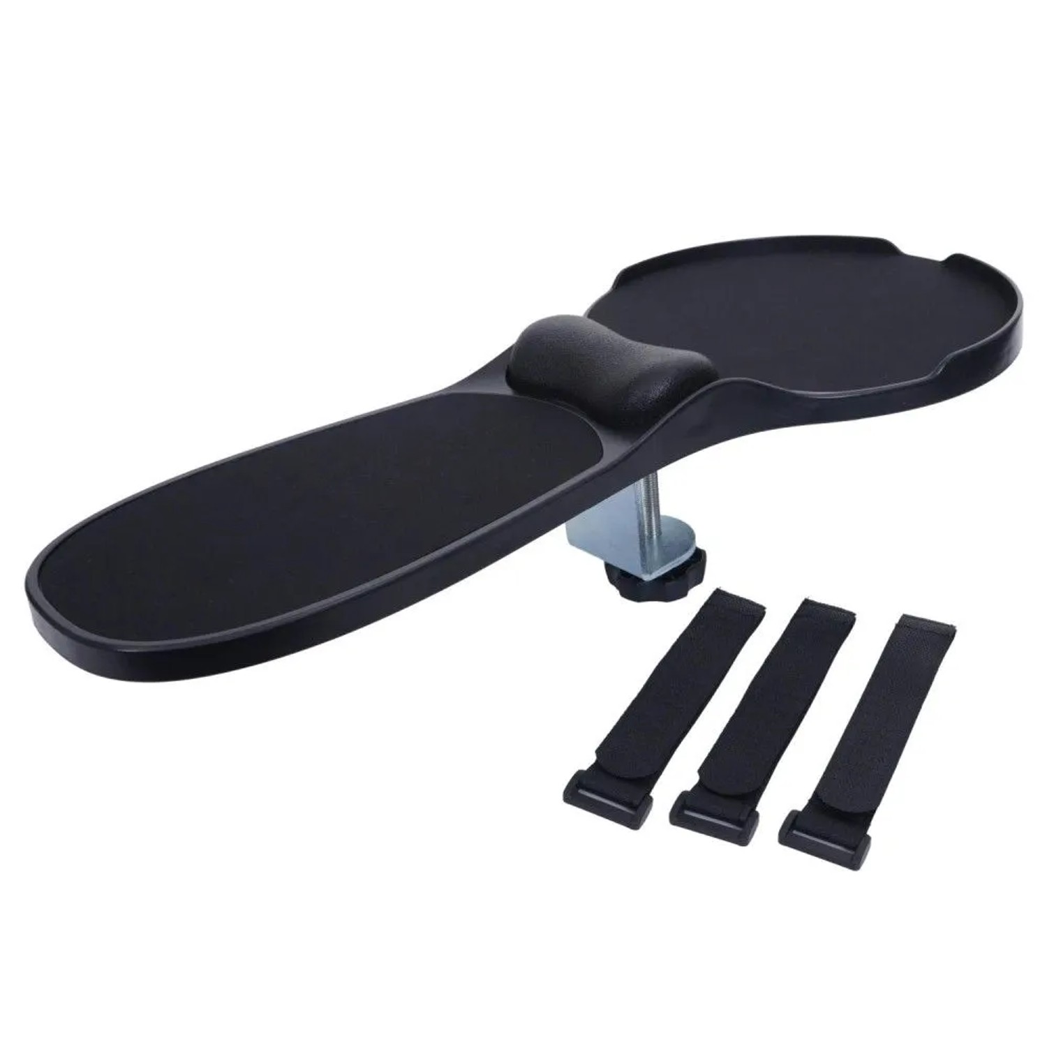 Schwarze MCW Armauflage N76 mit Mauspad, gepolsterter Handgelenk-Ablage, Tischklemme und Klettbändern für Bürostühle.