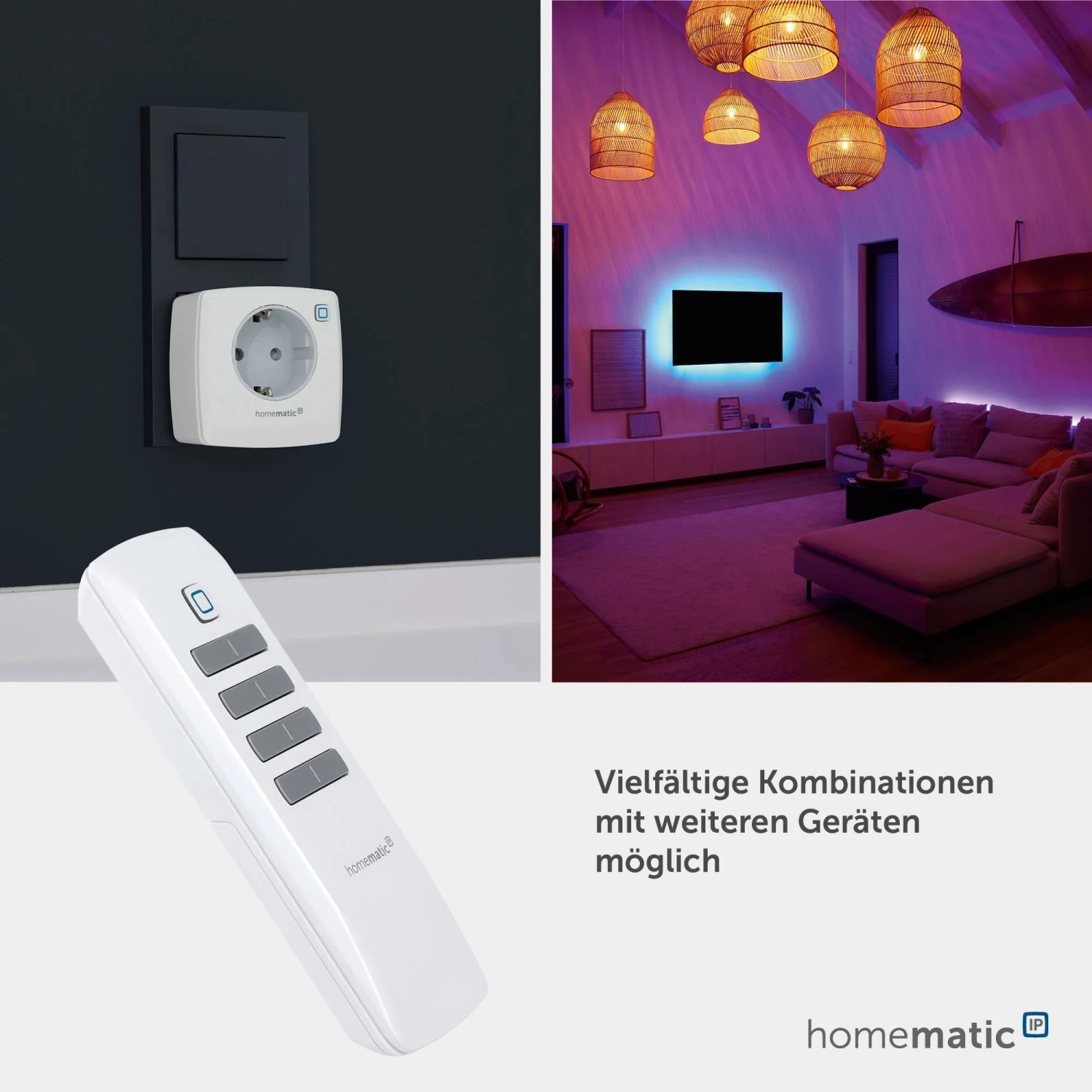Homematic IP Fernbedienung 8 Tasten steuert Smart Home Geräte wie Steckdosen und Beleuchtung in einem modernen Wohnzimmer.