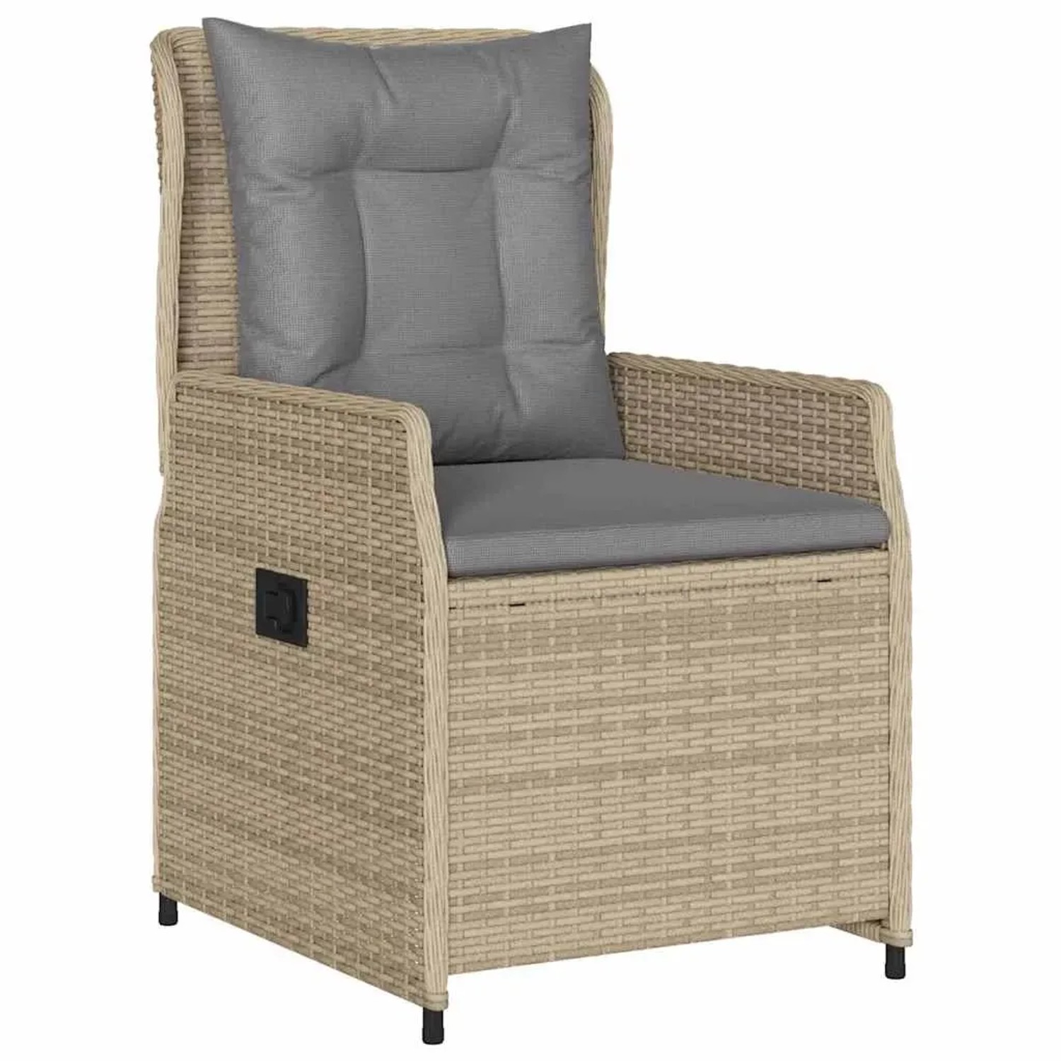 Beiger Gartenstuhl aus Poly Rattan mit grauen Kissen, Teil der vidaXL 5-tlg. Essgruppe.
