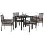 Braunes 5-teiliges Garten Esszimmer Set aus Rattan mit Tisch und Stühlen mit Kissen.