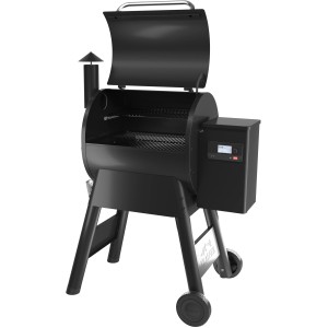 Schwarzer Traeger Holzpelletgrill Pro 575 mit geöffnetem Deckel.