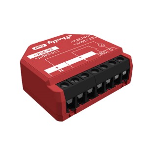 Rotes Shelly Relaismodul PM Gen3 für die Hausautomation, Detailansicht der Anschlüsse.