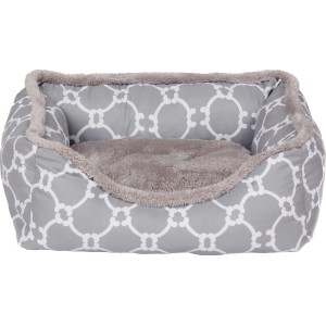 Graues Hunde- und Katzenbett mit weißem Muster und weichem Fleece-Kissen.