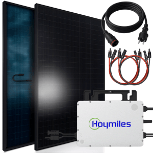 SUNNIVA Balkonkraftwerk 920W mit bifazialen Solarmodulen, Wechselrichter und Kabel.