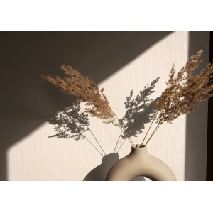 Beige Vliestapete in Textiloptik (Kylie 9) von Marburg mit Gräsern in Vase vor Wand.