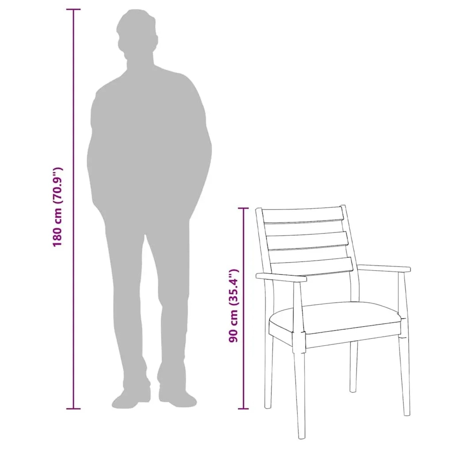 Skizze eines weißen Esszimmerstuhls aus Massivholz mit Kissen, neben einer Person zur Größenanzeige.