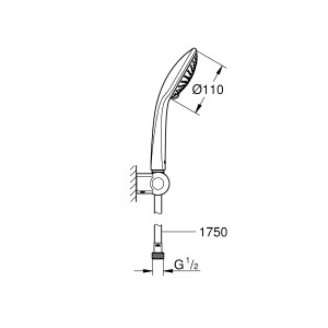 Grohe Wandhalterset Euphoria 110 Chrom mit Handbrause und Brauseschlauch, technische Zeichnung.