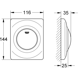 Technische Zeichnung: Grohe Surf Betätigungsplatte mit Maßen für WC-Spülung.