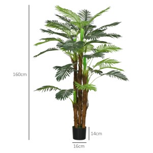 HOMCOM Kunstpalme 160 cm hoch mit 36 grünen Blättern und braunen Stämmen im schwarzen Topf. Ideal als Hausbaum.
